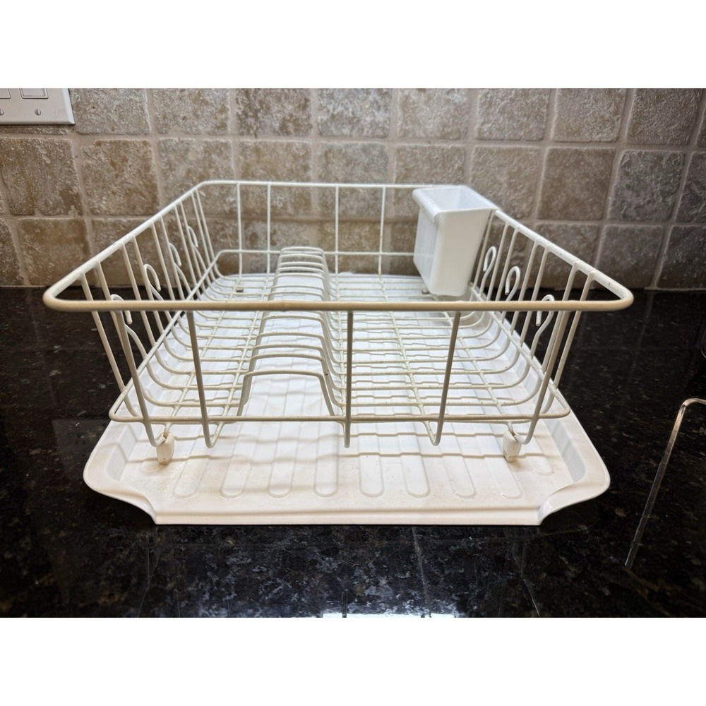 Vintage Rubbermaid White Coated Dish Drying Rack W/Silverware Cup & Drain Mat - Picture 5 of 16